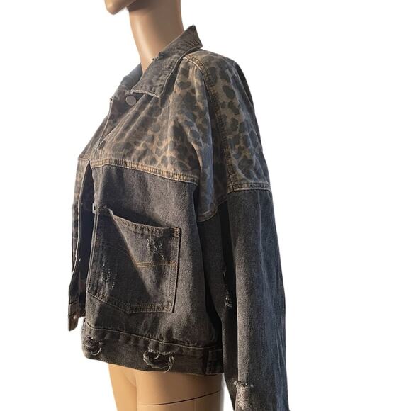 POL Denim JACKET Womens L Black Distressed Long Sleeves Animal Print Patchwork - Picture 2 of 14